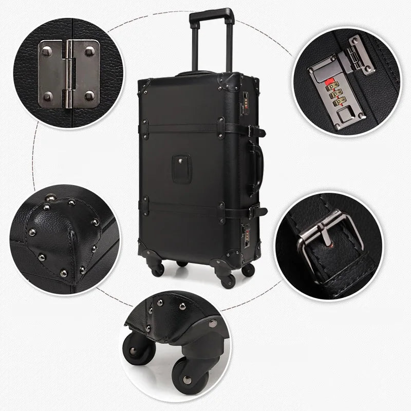 Retro Carry-on Travel Case. Rolling Luggage Spinner Box. Sturdy PU Material