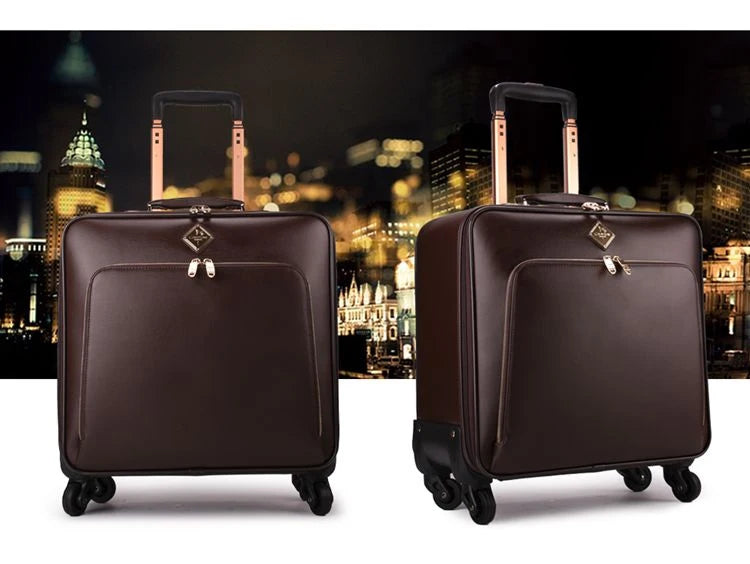 Genuine Leather waterproof rolling luggage 16/20/22/24 inch. Cabin carry on trolley bag.