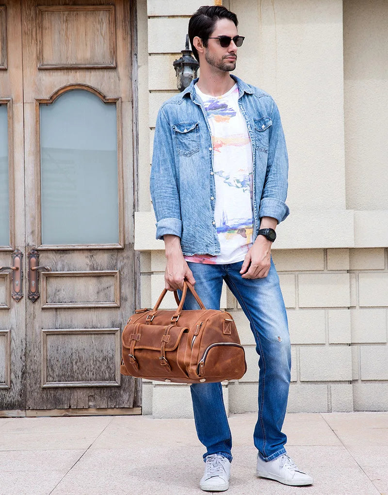 "Crazy Horse" Leather Men's Retro Travel Bag With Shoe Pocket. A Weekend Essential Wherever You Are Going.