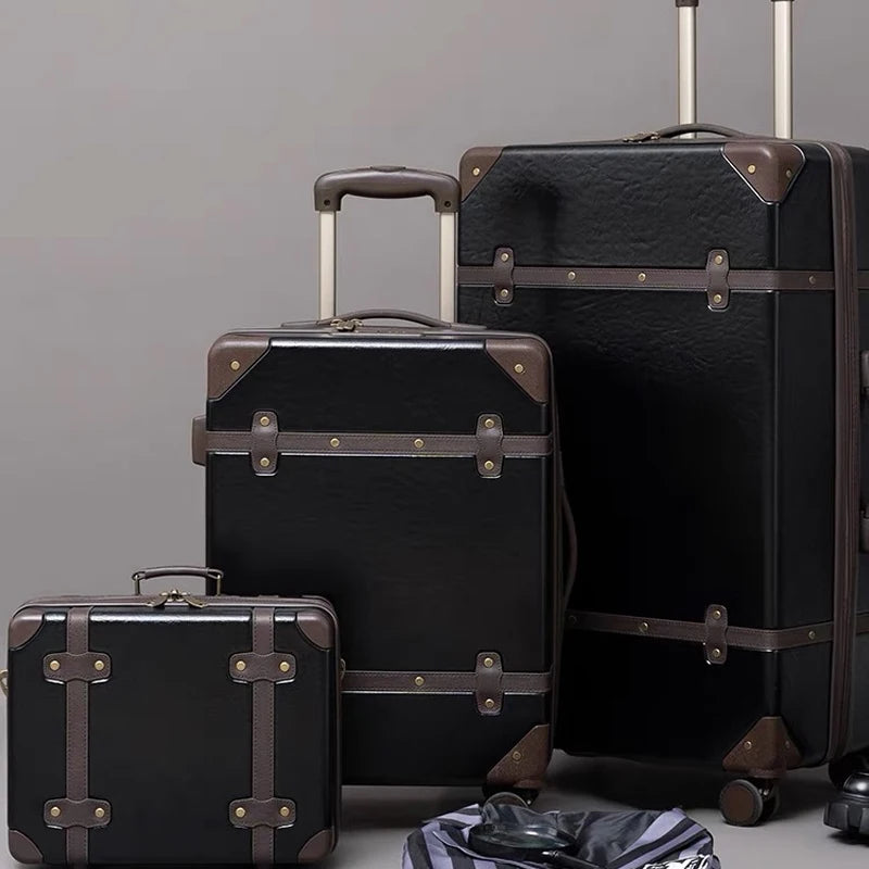Vintage PU Leather Travel Luggage 20" 24" 28". Trolley Suitcases On Universal Wheels and Matching Carry Case