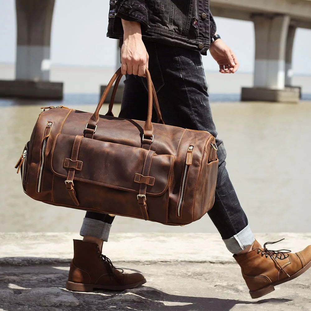 "Crazy Horse" Leather Men's Retro Travel Bag With Shoe Pocket. A Weekend Essential Wherever You Are Going.