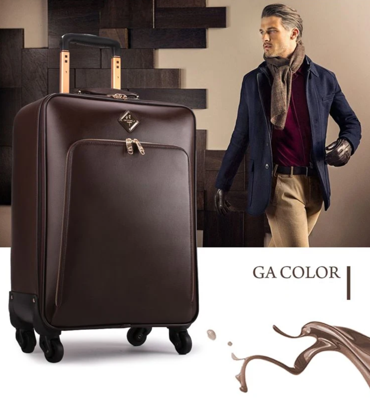 Genuine Leather waterproof rolling luggage 16/20/22/24 inch. Cabin carry on trolley bag.