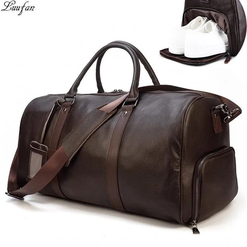 Large Genuine Leather Holdall. Soft Cowhide with Shoulder Strap