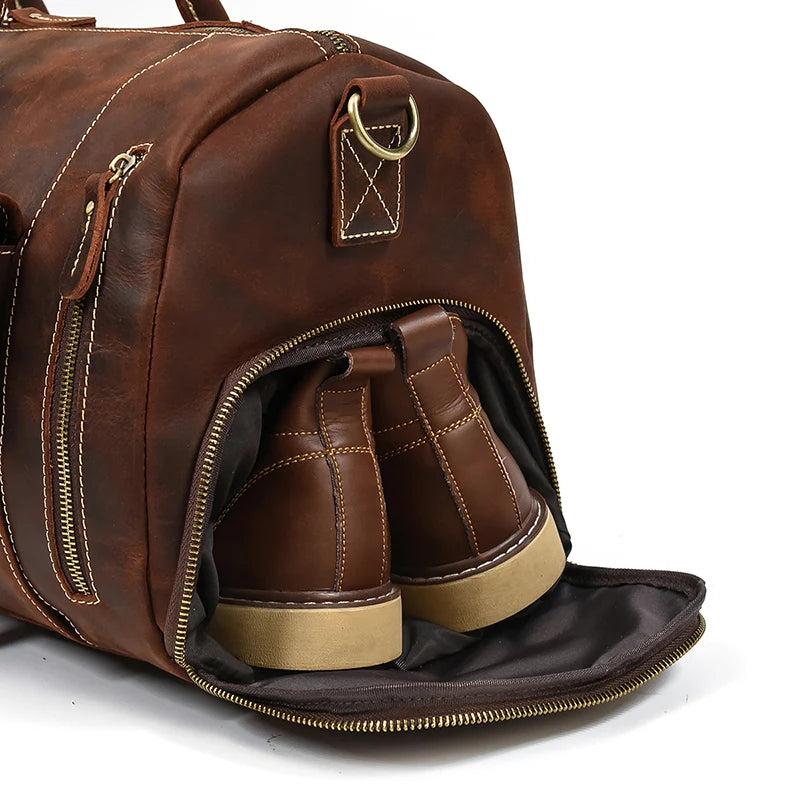 "Crazy Horse" Leather Men's Retro Travel Bag With Shoe Pocket.  A Weekend Essential Wherever You Are Going.