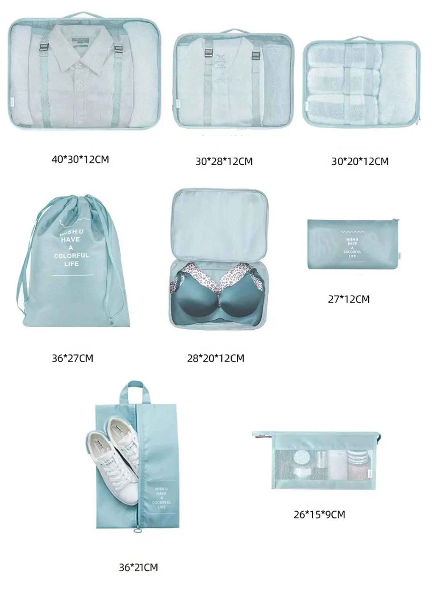 8 Piece travel organiser packing cubes