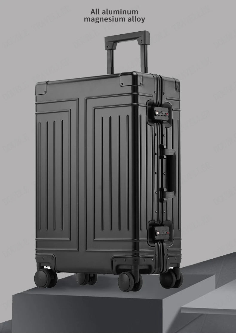 Stylish All Aluminum Travel Suitcase.  Sizes from carry on, 20", to hold luggage upto 28", and in colours to match your needs
