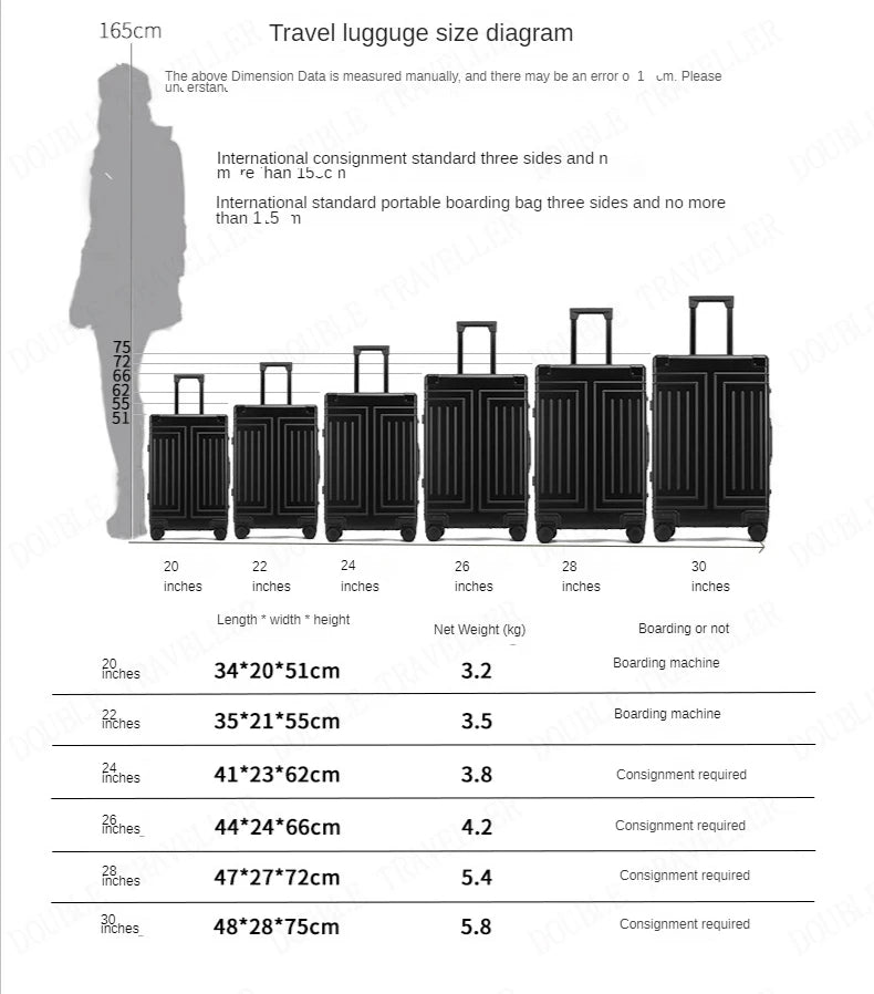 Stylish All Aluminum Travel Suitcase.  Sizes from carry on, 20", to hold luggage upto 28", and in colours to match your needs