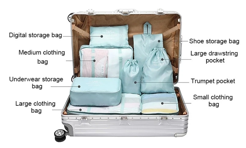 8 Piece travel organiser packing cubes